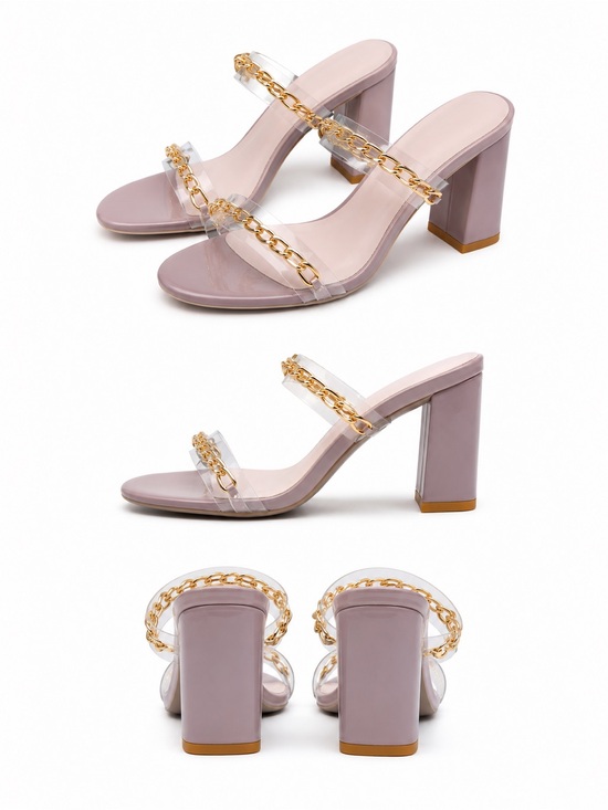 Unbranded Shoes - Clear PVC Gold Chain Block Heel Mule Sandals | Nude Blush Slip-On Heels